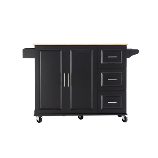 3 Drawers Rubber Wooden Top Utility Kitchen Cart with Adjustable Shelf- Black_0