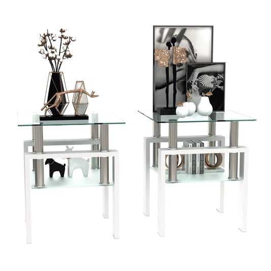 2 pcs Modern Design Coffee Table Tempered Glass End Table Night Stand- Transparent/White_0