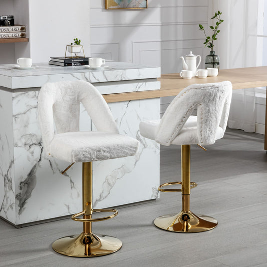 2pcs Golden Accent Height Adjustable Swivel Bar Stools with Backrest- White_0
