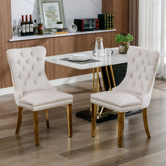 2 pcs High-End Tufted Contemporary Velvet Chair with Stainless Golden Legs- Beige_0