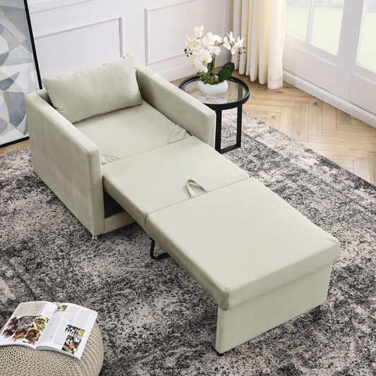 2-in-1 Convertible Sofa Chair Bed Space Saving Lounger Sleeper Chair- Beige_0